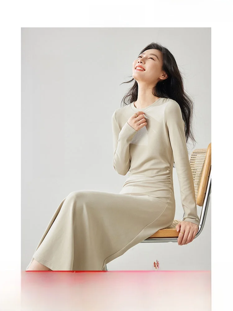 

Ele A-Line Long Dr Women's Faion Spring Autumn New Sle Slimming High-End Feeling round Ne Long Sve Dr