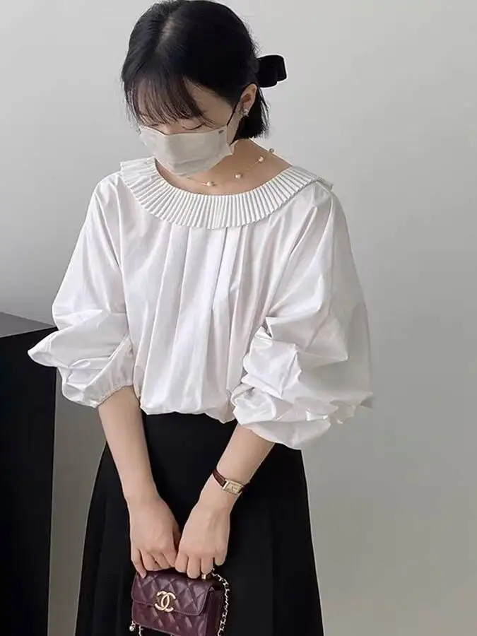 

plus Size 300 Pou Women's irt Ba Design Sensation Pleated Tie Korean Sle Baitu pe Long Sve round Ne Busi...