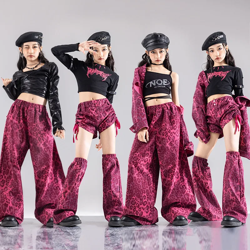 Kids K-pop Crop Top Jacket Leopard Loose Pants Girl Group Clothes Set Girls Jazz Street Dance Shorts Children Hip Hop Streetwear