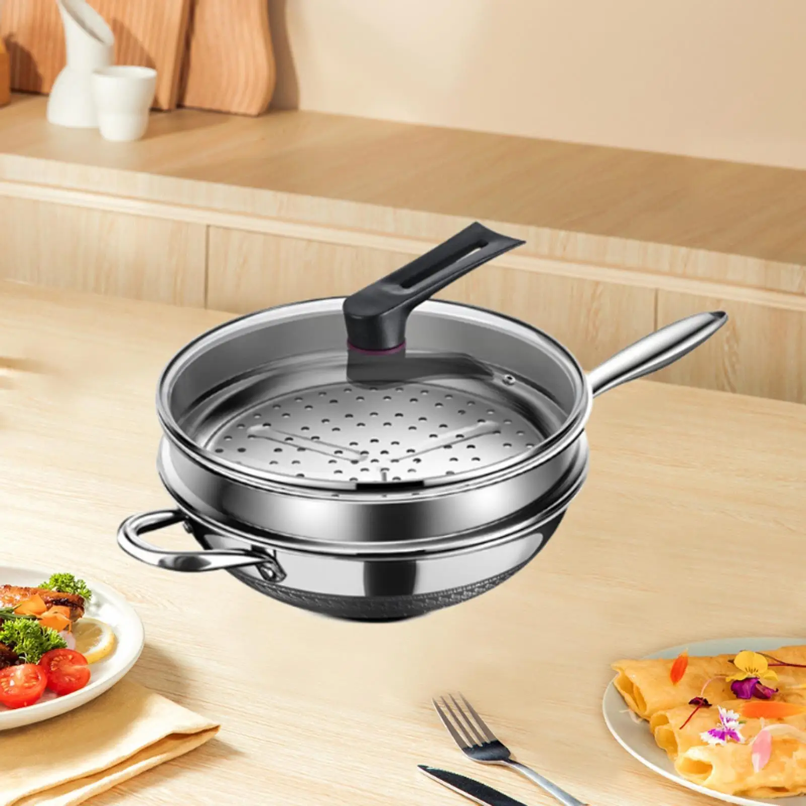 

Stainless Steel Wok Pan with Lid and Steamer Grid Large Cooking Wok Nonstick for Dishwasher Restaurant All Cooktops 3-5 People