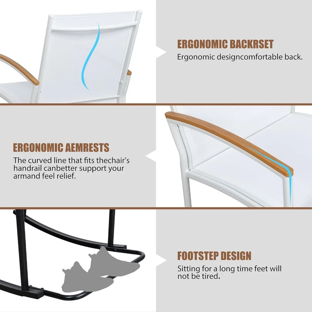 Outdoor Wicker Rocking Chair Set, Cadeiras do pátio, Bistro Sets, Coffee Table e Almofadas, Metal Frame Mobiliário Pátio, 3 Pcs