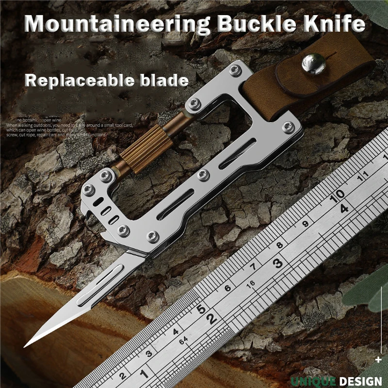 Stainless Steel Climbing Buckle Scalpel Mini Folding Knife Replaceable Blade Multi-function Bottle Opener Key Chain EDC Tool