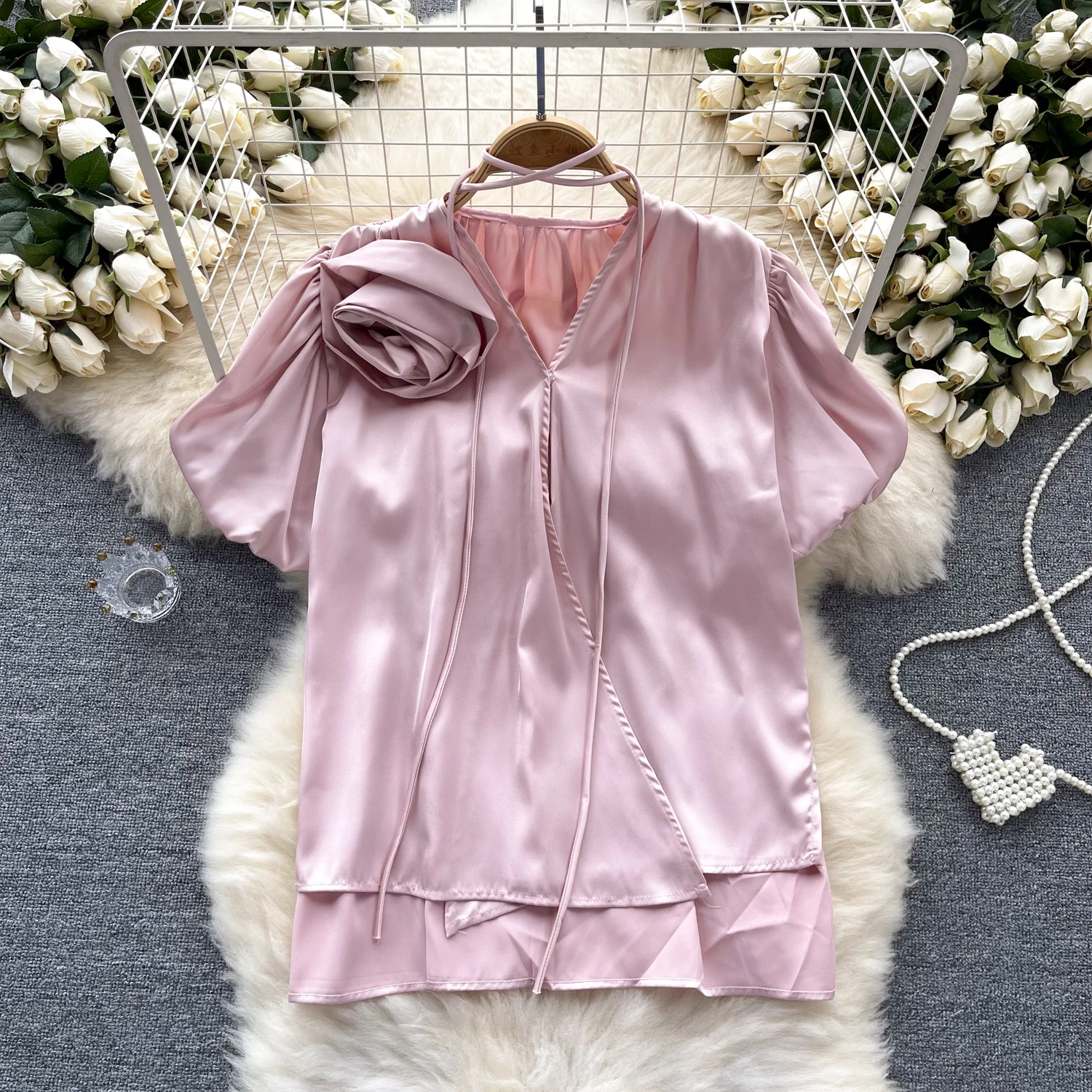 Chic Bandage basics Blouse Three-dimensional flower puff sleeve Slim satin Korean Fashion Top Summer sweet Women Shirt