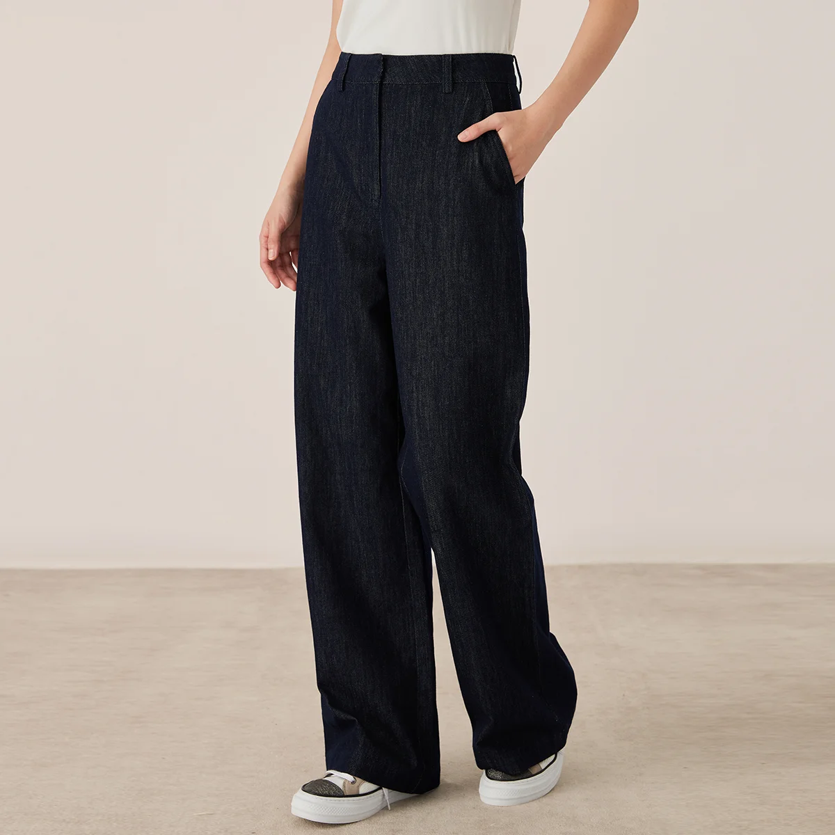 KX7523319 High-Waisted Wide-Leg Cotton Blend Trousers with Pockets Casual Pants for Women