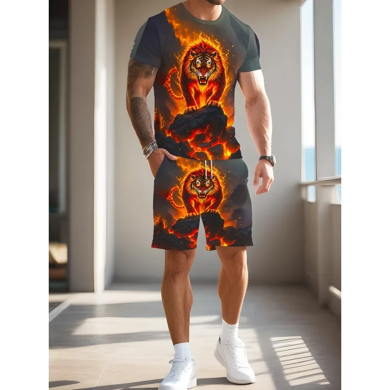 2025 Fashion Leisure Summer Men's Sports Style 3D Digital Printing Pattern Round Neck Short Sleeved T-shirt Shorts 2-piece Set