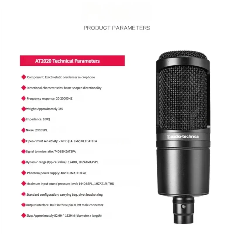 Original Audio Technica AT2020 Wired Cardioid Condenser Microphone Professional Live Recording Vocal Pro Studio Karaoke Mic
