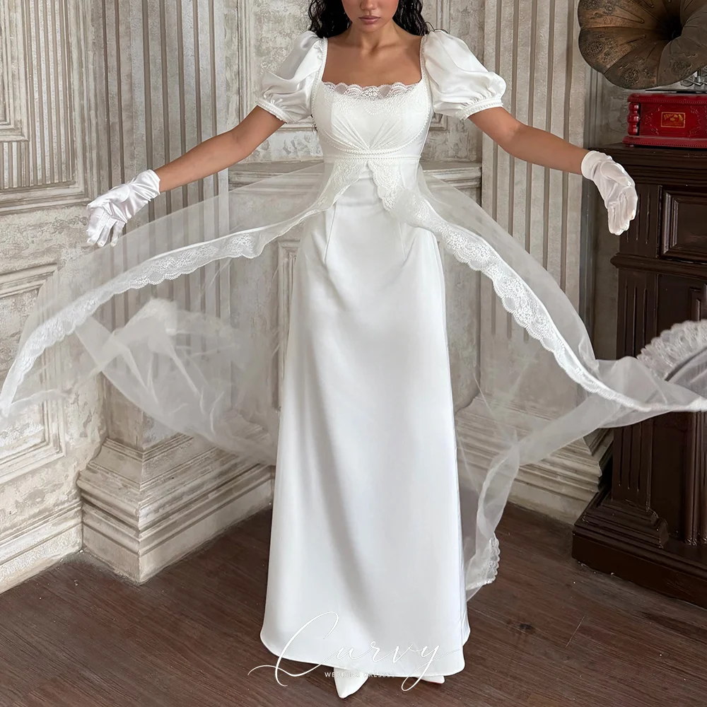 Curvy 2026 New Arrival Satin Wedding Dresses for Women Square Neck Puff Sleeve for Romantic Garden Weddings
