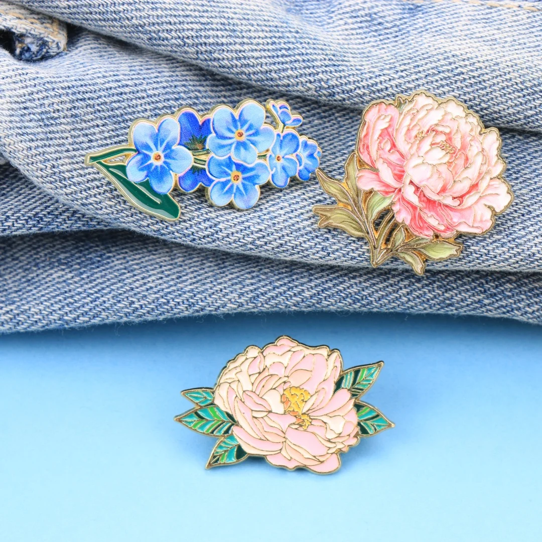 Cartoon Flower Enamel Lapel Pins, Elegant Peony & Forget-Me-Not Brooch Badges for Backpack Clothing DIY Decor Accessories