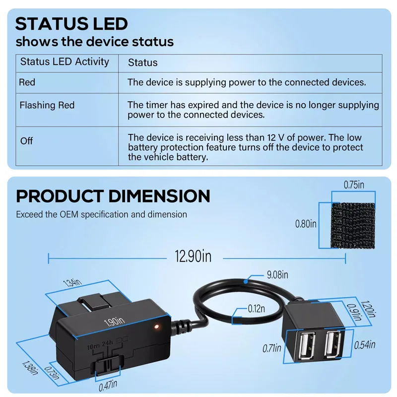 Constant Power Cable for Garmin Dash Cam, OBD-II Port Adapter with Dual USB for Car Charging, Supports Multiple Parking Modes