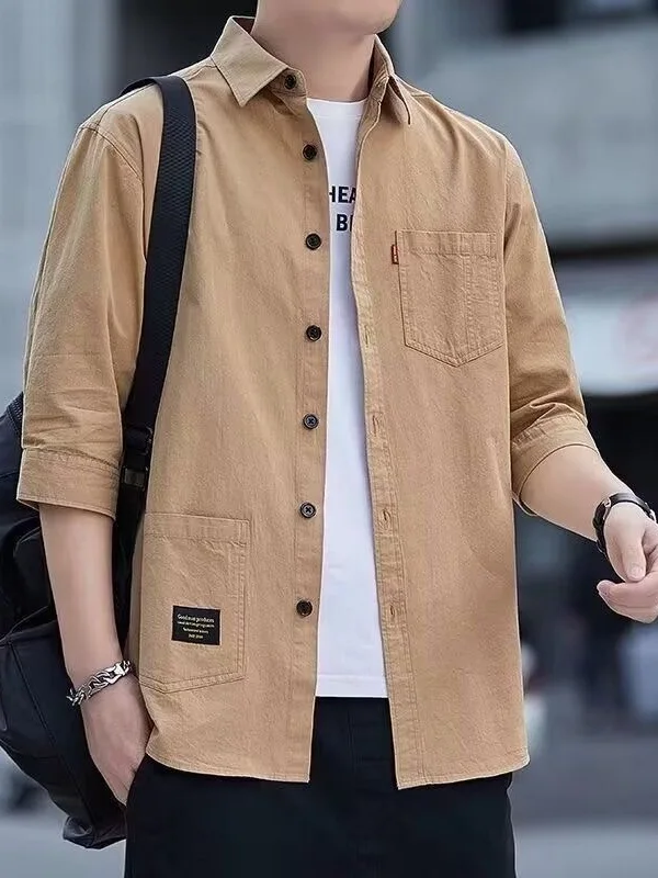 Summer New Men's Loose Casual Shirt Half Sleeve Thin Cardigan Workwear Top Fashionable Utility Pocket Polyester Fiber