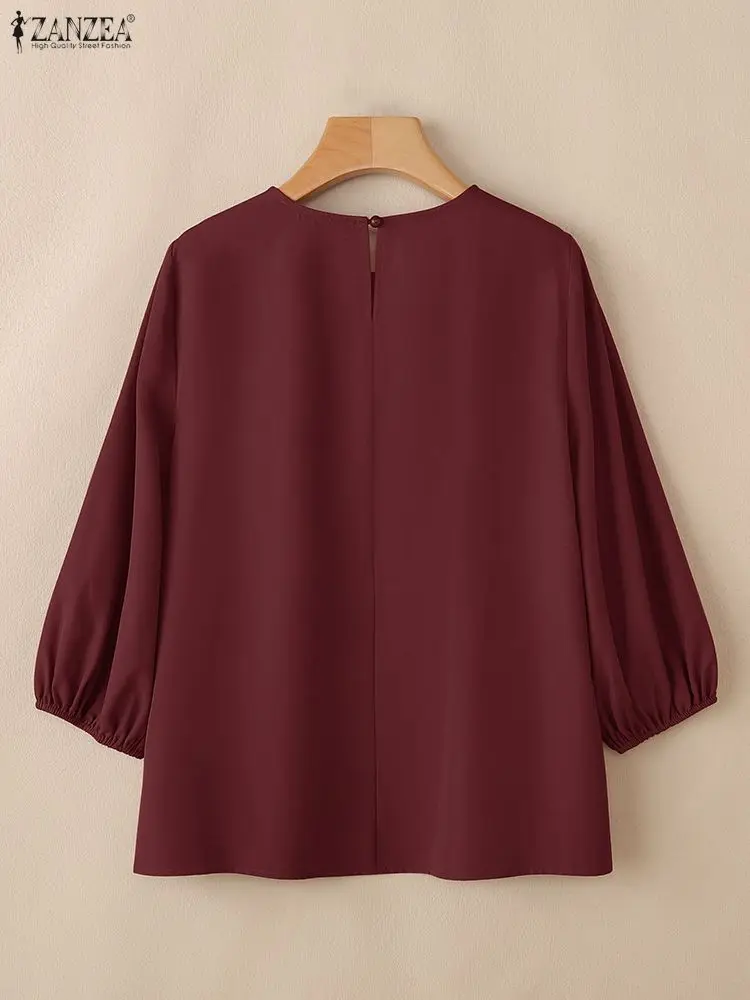 ZANZEA レディース エレガント 七分袖 ランタンスリーブ オフィスブラウス 2026 春夏ブラウス おしゃれ 無地 OL ワークシャツ カジュアル Oネック トップス