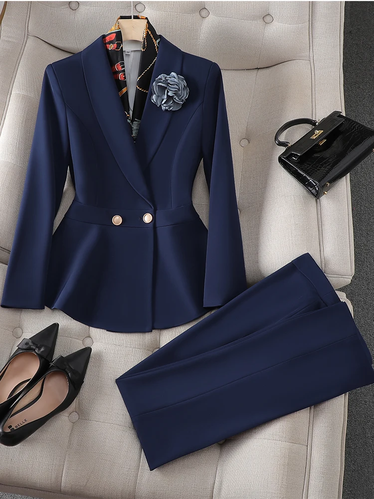 

Blue White Elegant Pant Suit Women Slim Ruffle Jacket Blazer Trouser Female Work Wear Formal 2 Piece Set For Autumn JJ1034
