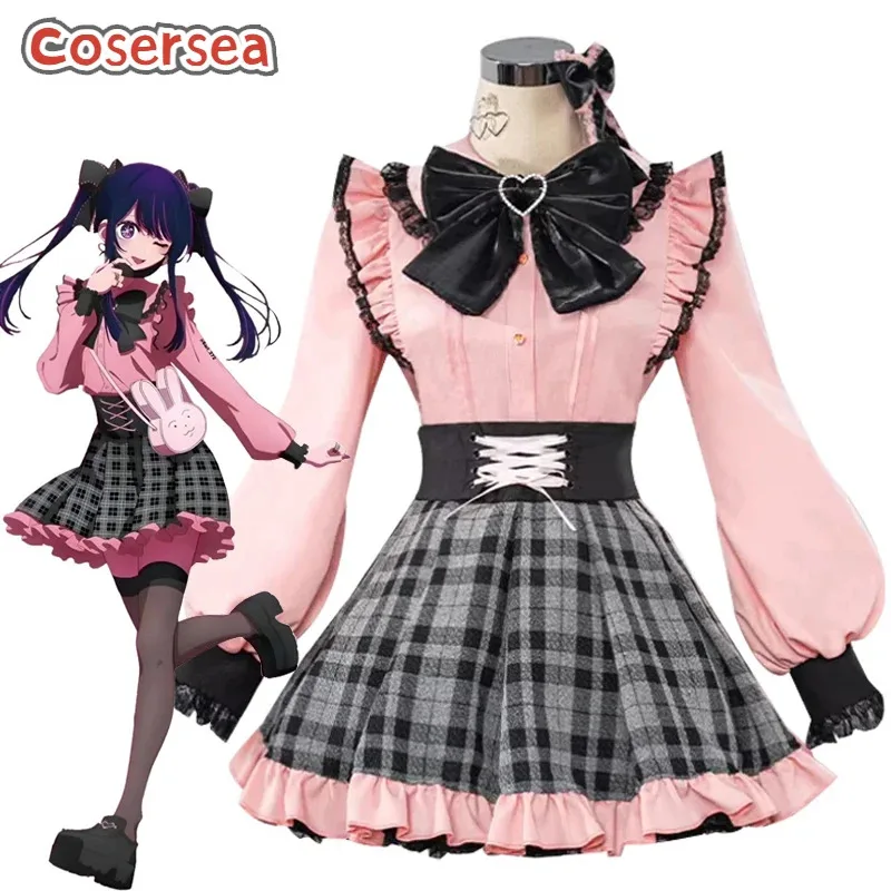 أزياء Cosersea Ai Hoshino التأثيرية أنيمي Oshi No Ko Ai Hoshino فستان لوليتا الوردي للنساء مجموعة كاملة من أزياء الهالوين للعب الأدوار