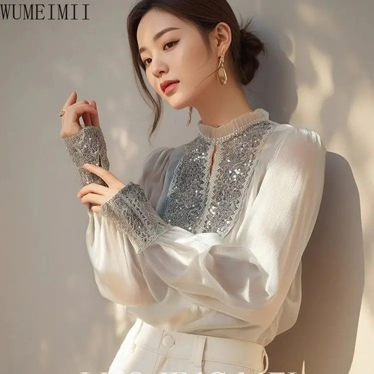 sequined shirt women's high-end sense of light luxury  2025 spring new design sense slim top  blusa mujer