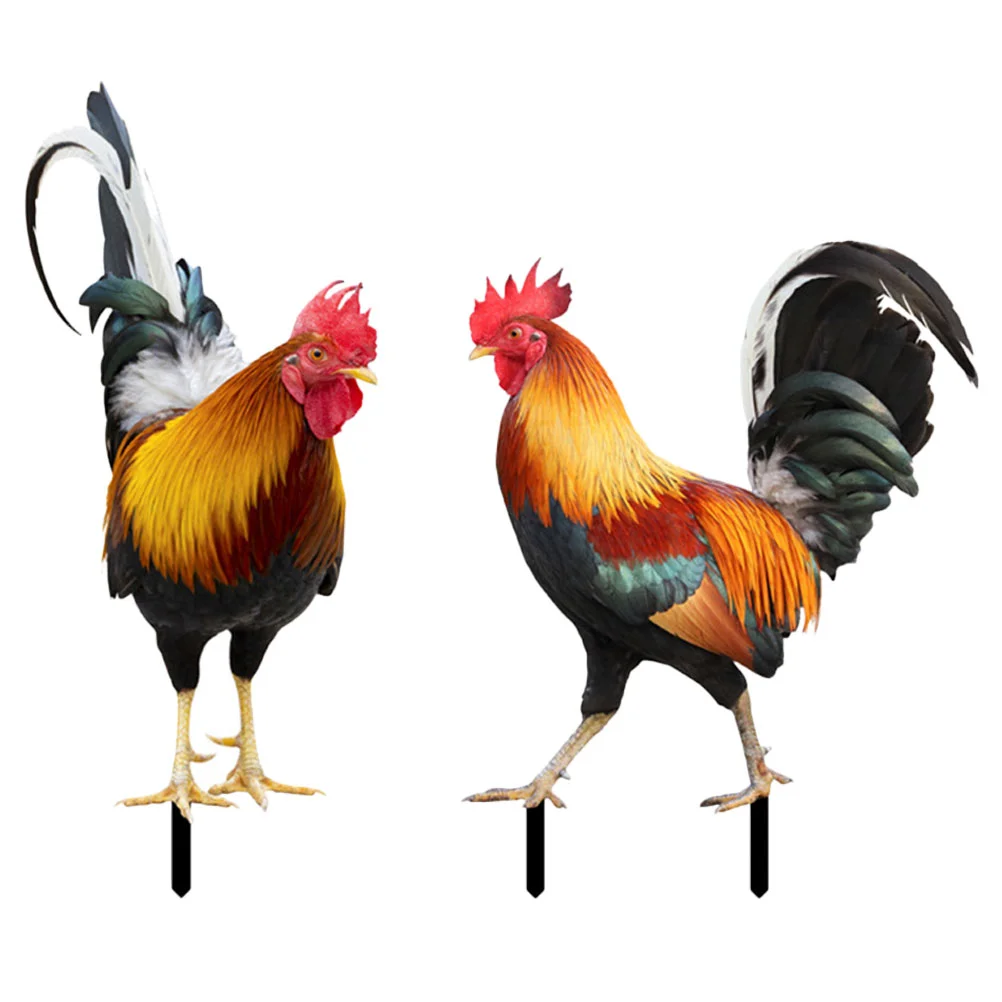 2 Pcs Rooster Garden Decoration Metal Ornament Signage Ground Inserted Simulation Stake Acrylic Patio Yard Scene Layout