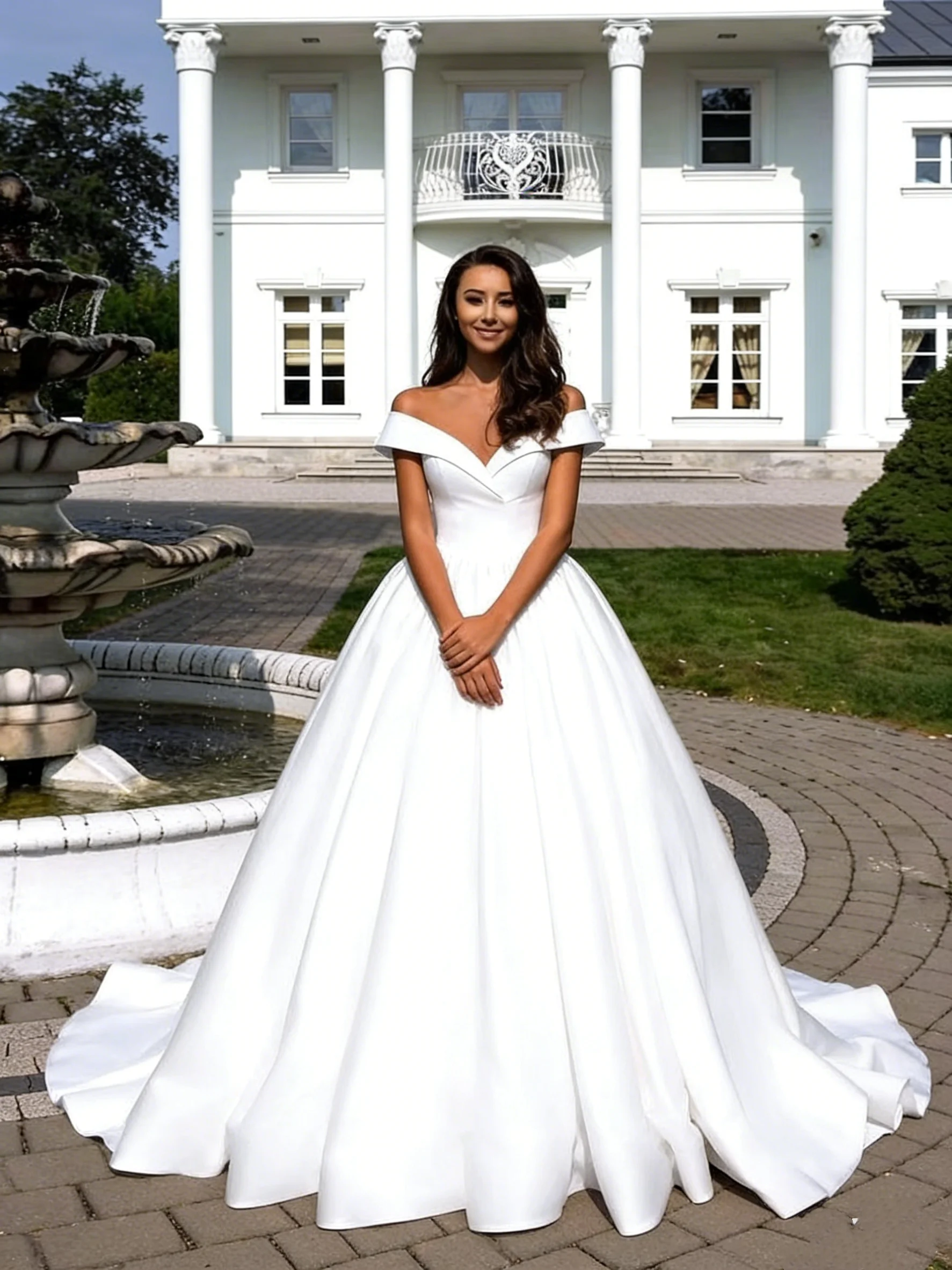 

Simple Satin Ball Gown Wedding Dress Off Shoulder Minimalist Plain Bridal Gown with Long Train Vestidos De Novia Customized