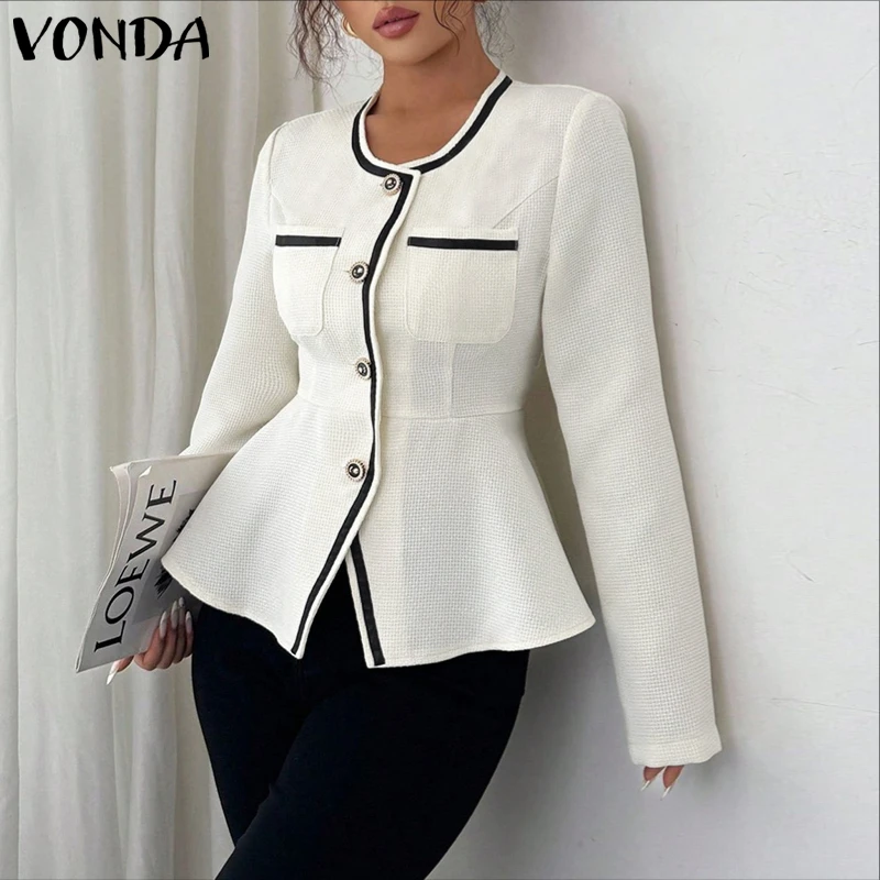 Elegant VONDA Women Blouse Autumn Spring Blusas Tops Long Sleeve Button Office OL Work Party Tunic Patchwork Streetwear