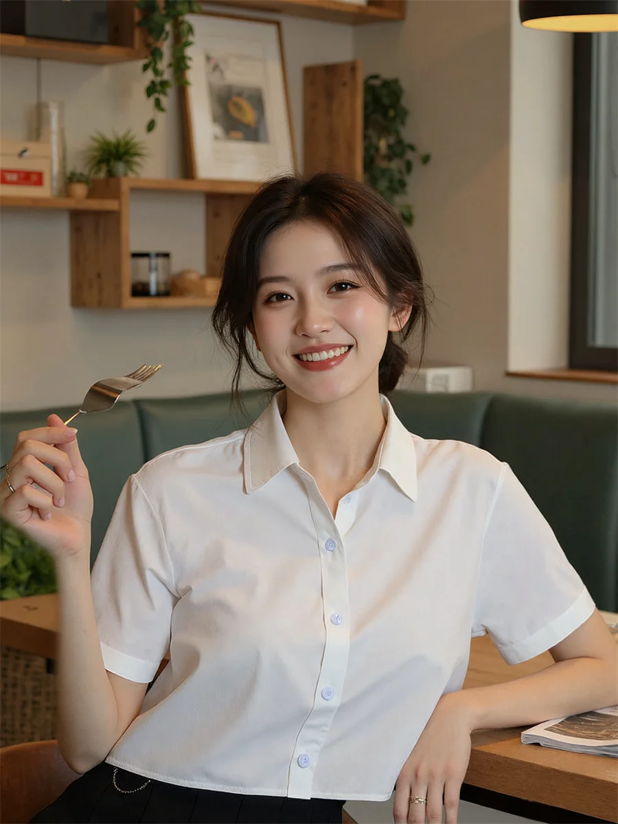 

Белые рубашки с коротким рукавом, женские винтажные клетчатые укороченные блузки в корейском стиле, Blusas для колледжа, консервативный стиль, оверсайз, карманная шикарная уличная одежда