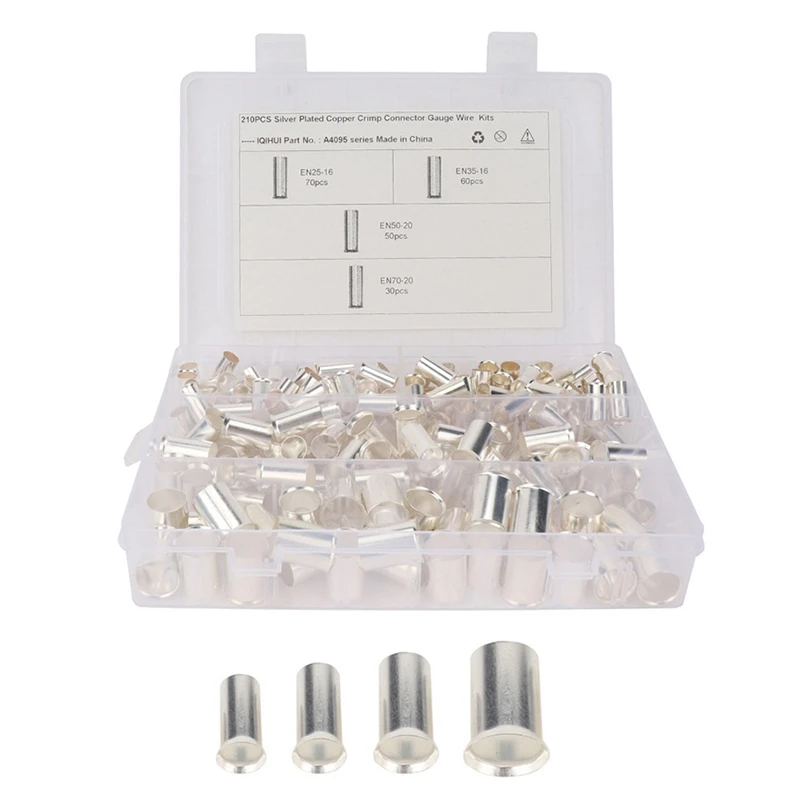 

210Pcs AWG 4 2 1 2/0 Wire Crimp Connector Silver Plated Non Insulated Ferrules Pin Cord End Terminal Assortment Kit