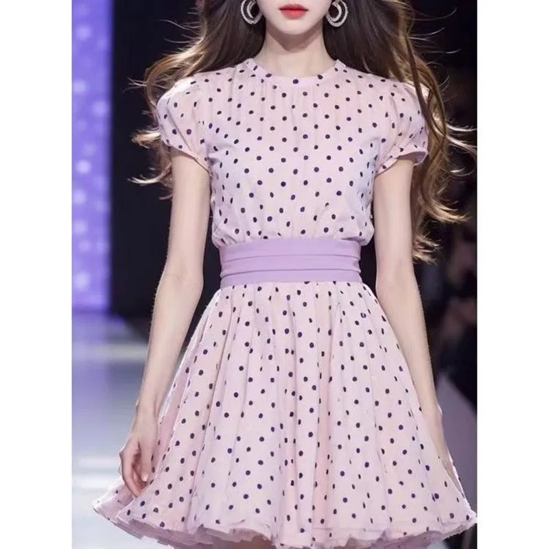 

Summer New Fashion Short Sleeve Round Neck Ploka Dot Dress Patchwork Color High Waist Office Lady Mini Women's Vestidos