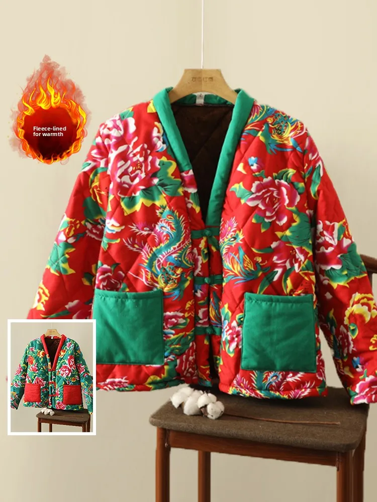 

Thiened Fce Women's Cotton Jaet Northeast Big Flower Coat V-ne Button Design Ethnic Sle Contrast Color Middle-aged...