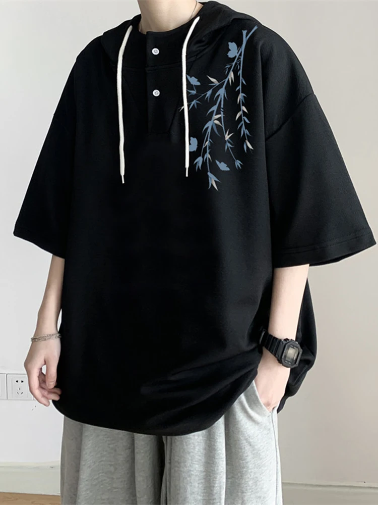 Loose Ice Silk Half Sleeve Hoodie Short Sleeve T-Shirt for Boys Summer Breathable Thin Material Comfortable Wear Casual Style