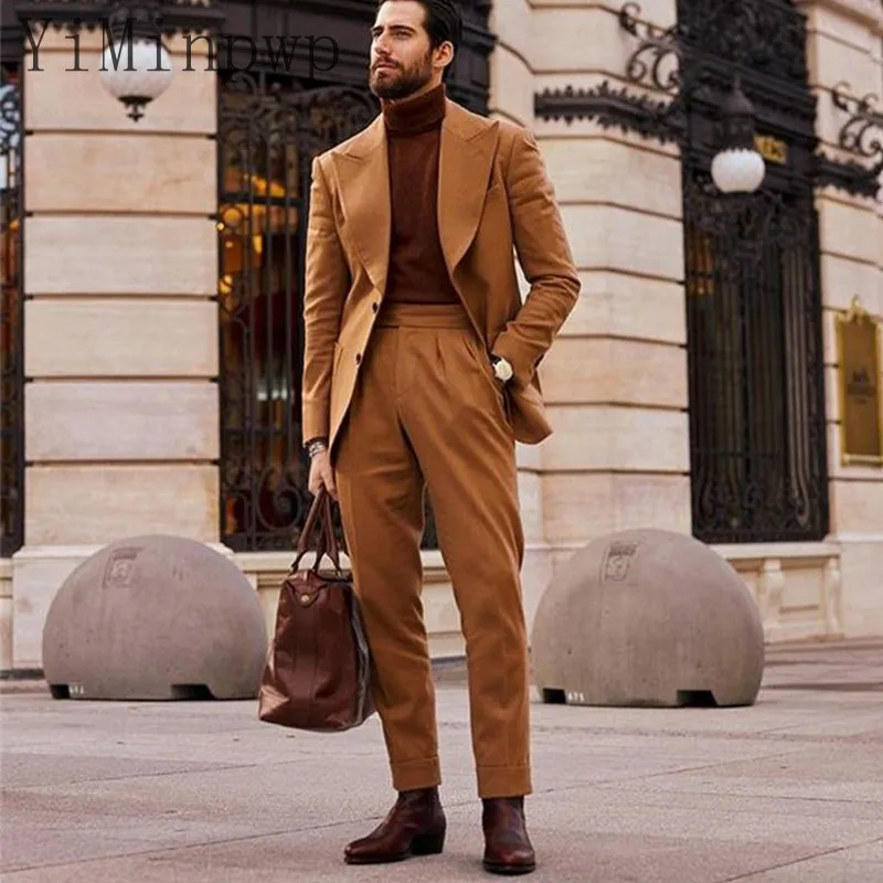 

Brown Men Suits Peaked Lapel Single Breasted Business Suit Blazer Jacket Men Tuxedos Groom Wedding Clothes 2 Piece Coat+Pants