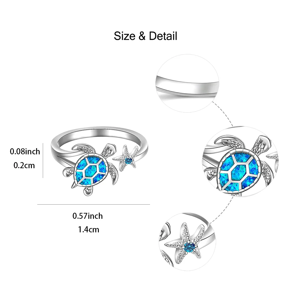 Chic White K-Plated Sea Turtle & Starfish Ring - Perfect Ocean-Inspired Gift for Girls