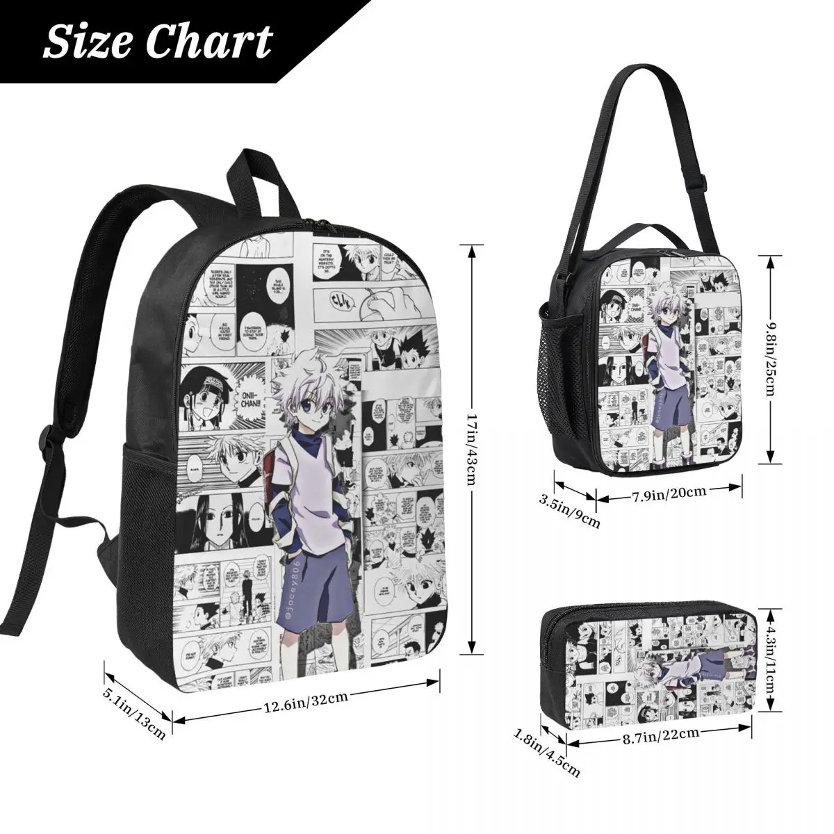 Killua Zoldyck Anime HXH Hunter x Hunter Backpack Student Boys Girls BookBag School Bag 3ps Insulated Lunch Bag Pencil Case