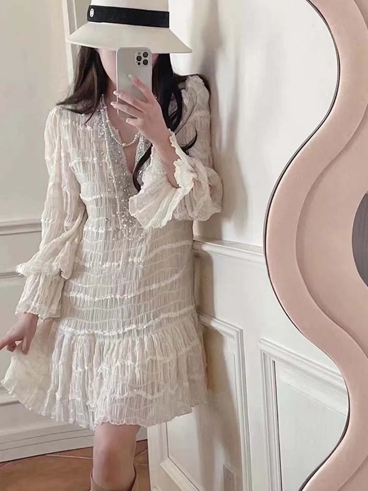 French style Rhinestone V-neck dress Women\'s 2024 Summer Party Long sleeve Patchwork Mini dresses Elegant Lady Beige INKEO 4D017