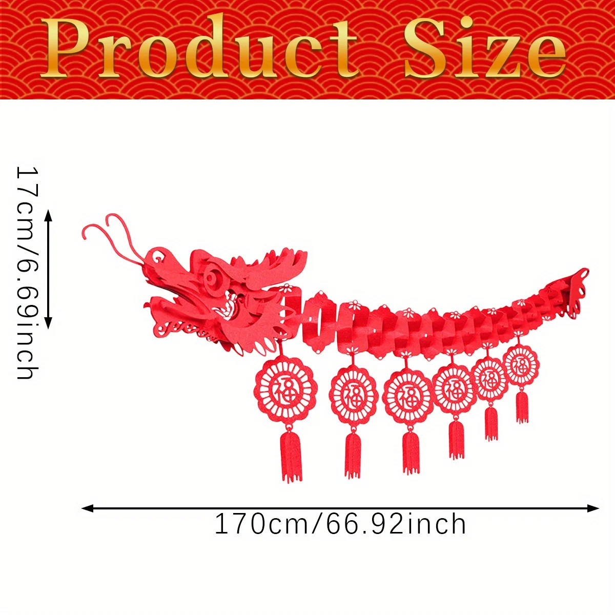 Chinese New Year Dragon Decoration Banner with 12 Hanging FU Charms Red Loong Garland for Lunar New Year, Festival Party Decor