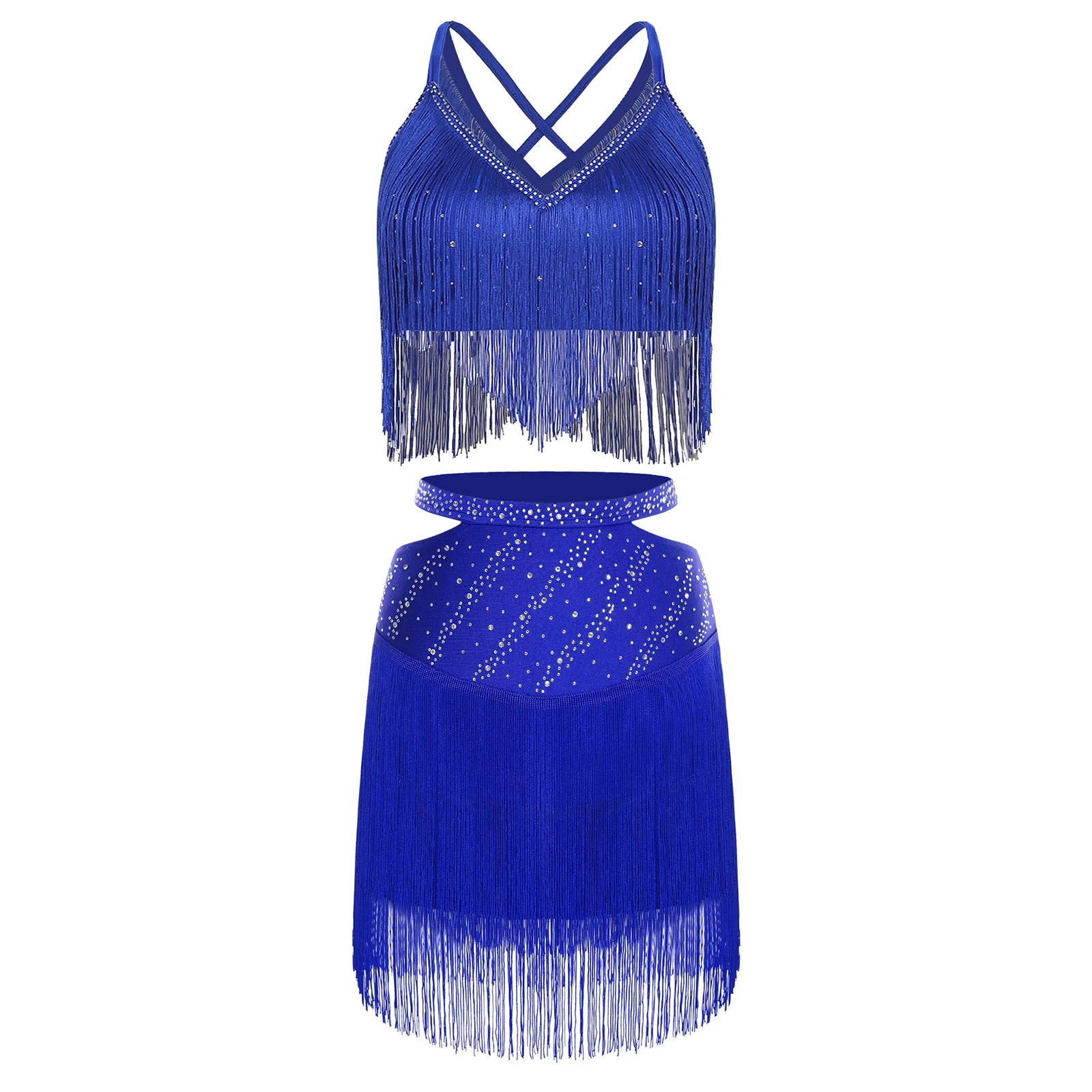 

Womens Latin Tango Dance Outfits V-Neck Sleeveless Crisscross Back Crop Top And Cutout Elastic Waistband Skirt Lyrical Dancewear