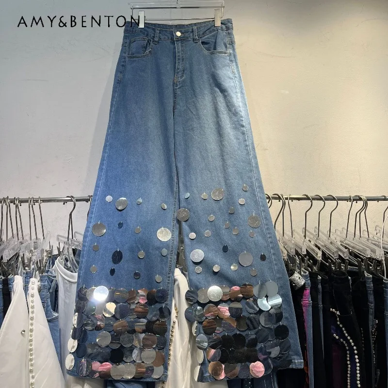 

Unique Design Jeans Women's Early Autumn 2025 New Heavy Craft Design Sequin Straight Wide-Leg Pants Slimming Long Denim Pants
