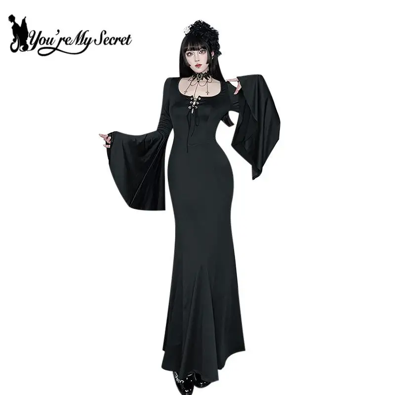 [Sei il mio segreto] Abiti lunghi da festa gotici Abito gotico retrò a vita alta con maniche svasate in pizzo Abito vintage stile scuro