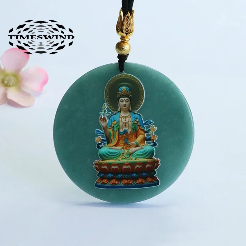 

TIMESWIN Natural A-type Jade Blue Buddha Painted Round Pendant Women Necklace with Certificate