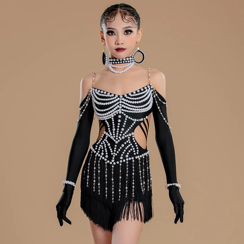 

Full Pearl Black Tassels Latin Dance Competition Dress Girls Women Cha Cha Rumba Dance Performance Costume Stage Wear BL14146