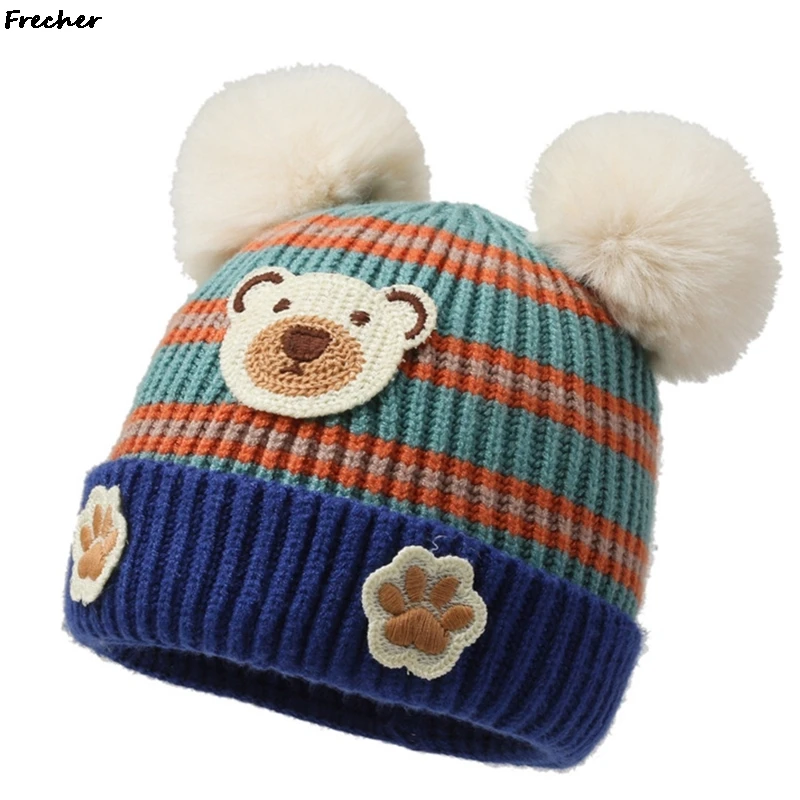 Cute Bear Knitted Hat Double Hairball Baby Soft Hats Winter Warm Headwear Girls Boys Elastic Casual Beanies Caps Fashion image 6