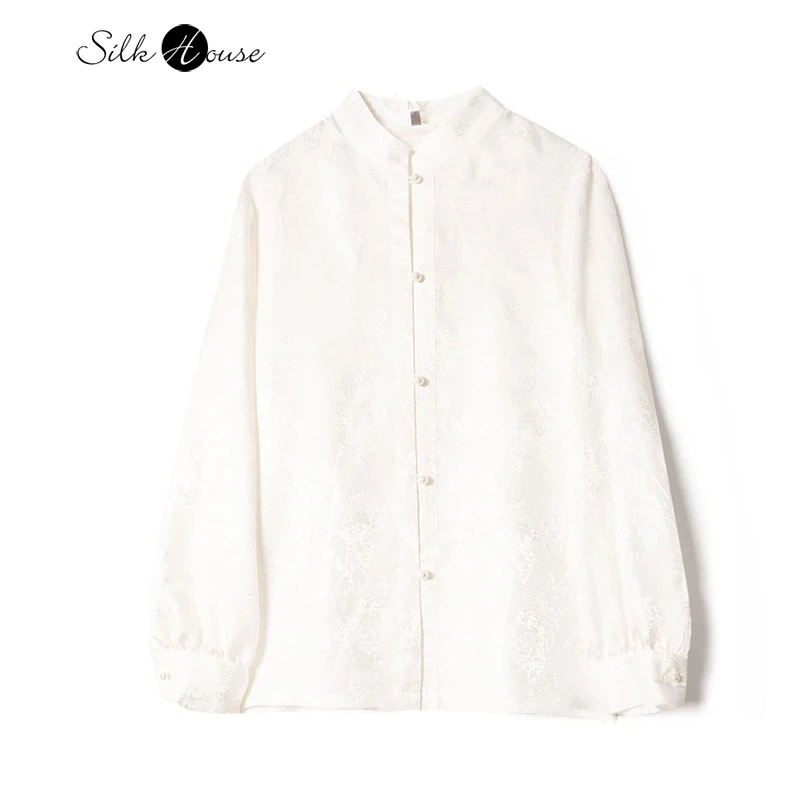 

Модный и элегантный новый белый топ из натурального шелка шелковицы, жаккардовая рубашка с магнолией, новый воротник-стойка в китайском стиле