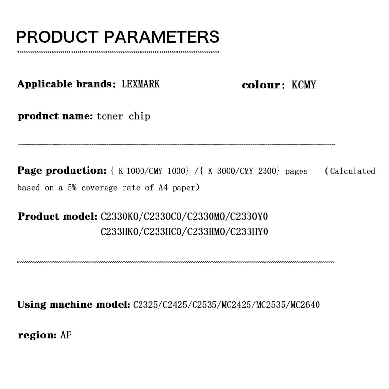 C2330K0 C233HK0 C233HC0 C233HM0 C233HY0 3K/2.3K K/C/M/Y AP  Toner Chip for LEXMARK C2325/C2425/C2535/MC2425/MC2535/MC2640