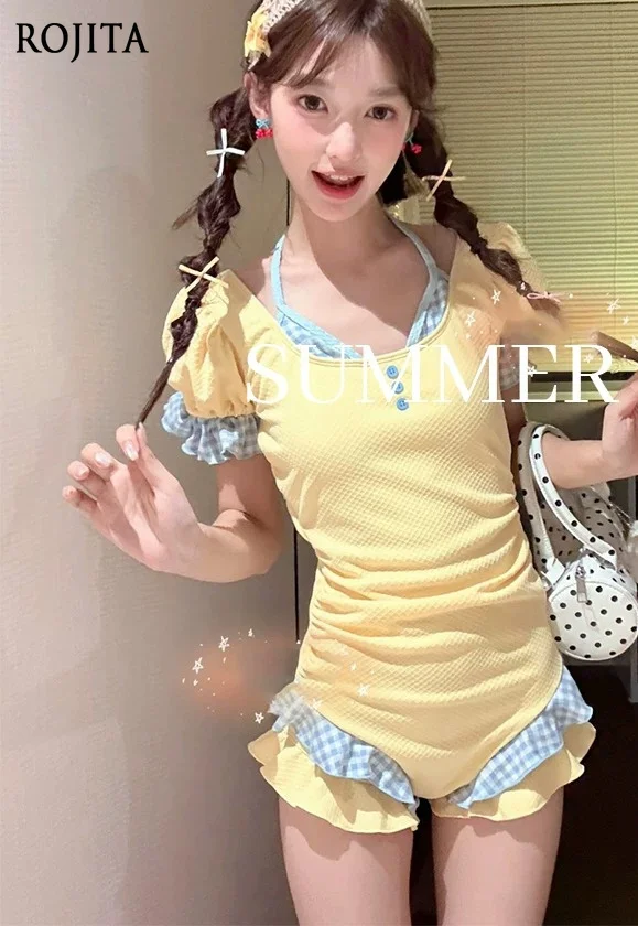 Sweet Yellow Waffle Knit One Piece Swimsuit Puff Short Sleeve Side Ruched Slim Fit Ruffle Hem Cute Summer Beach Bathing Suit