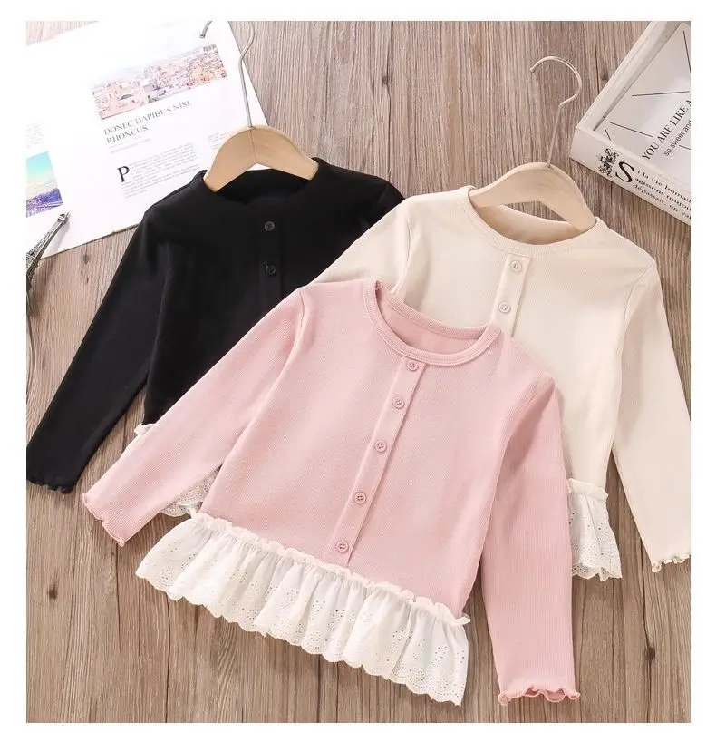 Herbst Neuheiten Mädchen T-Shirts mit Knöpfen Spitzen-Patchwork Langarm-Blusen Bequeme Oberteile für Kinder Mädchenkleidung – Detail 13