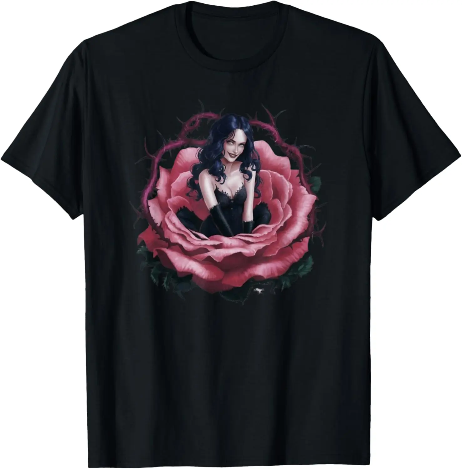 mulher-em-rosa-preta-com-espinhos-camiseta-estilo-gotico
