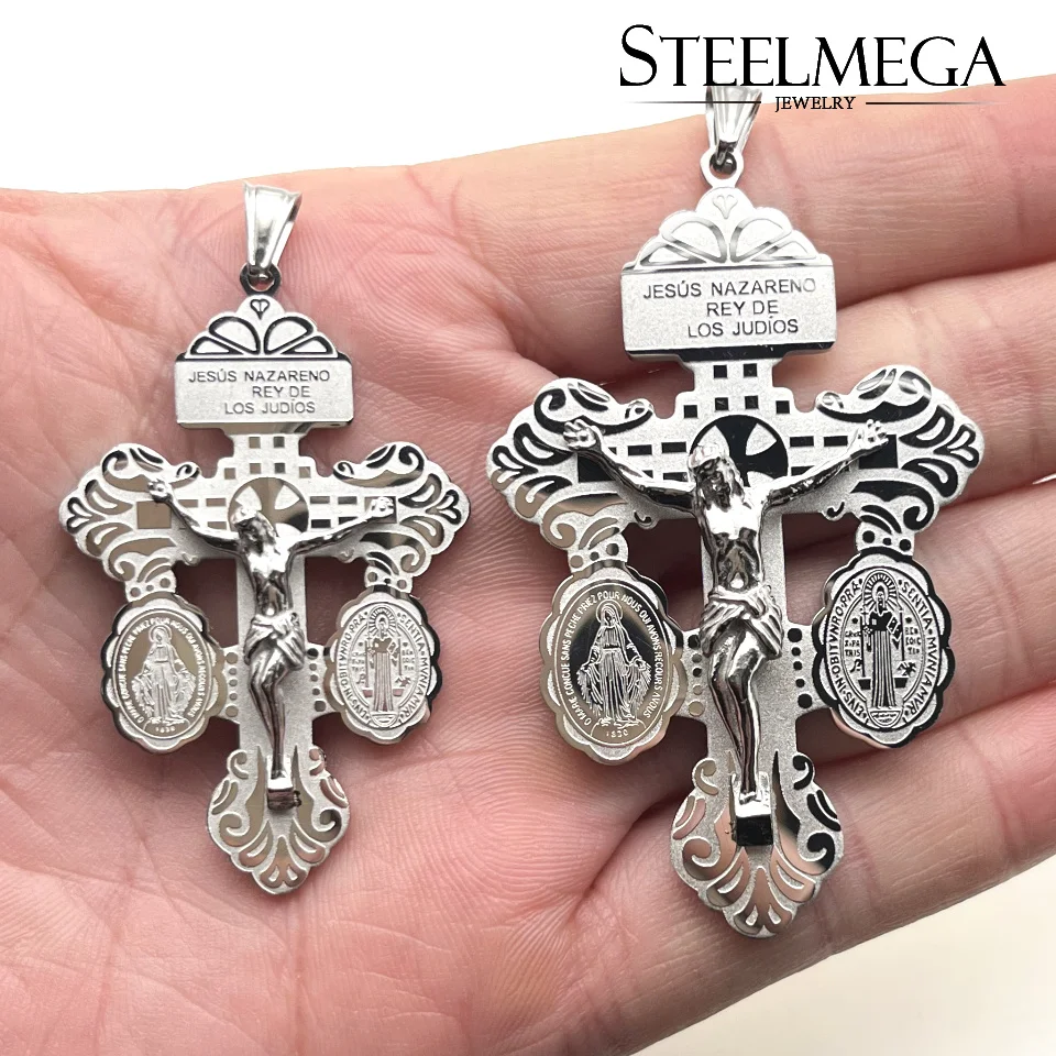 STEELMEGA Stainless Steel Catholic Pendant, Holy Cross of Forgiveness, Pardon Crucifix