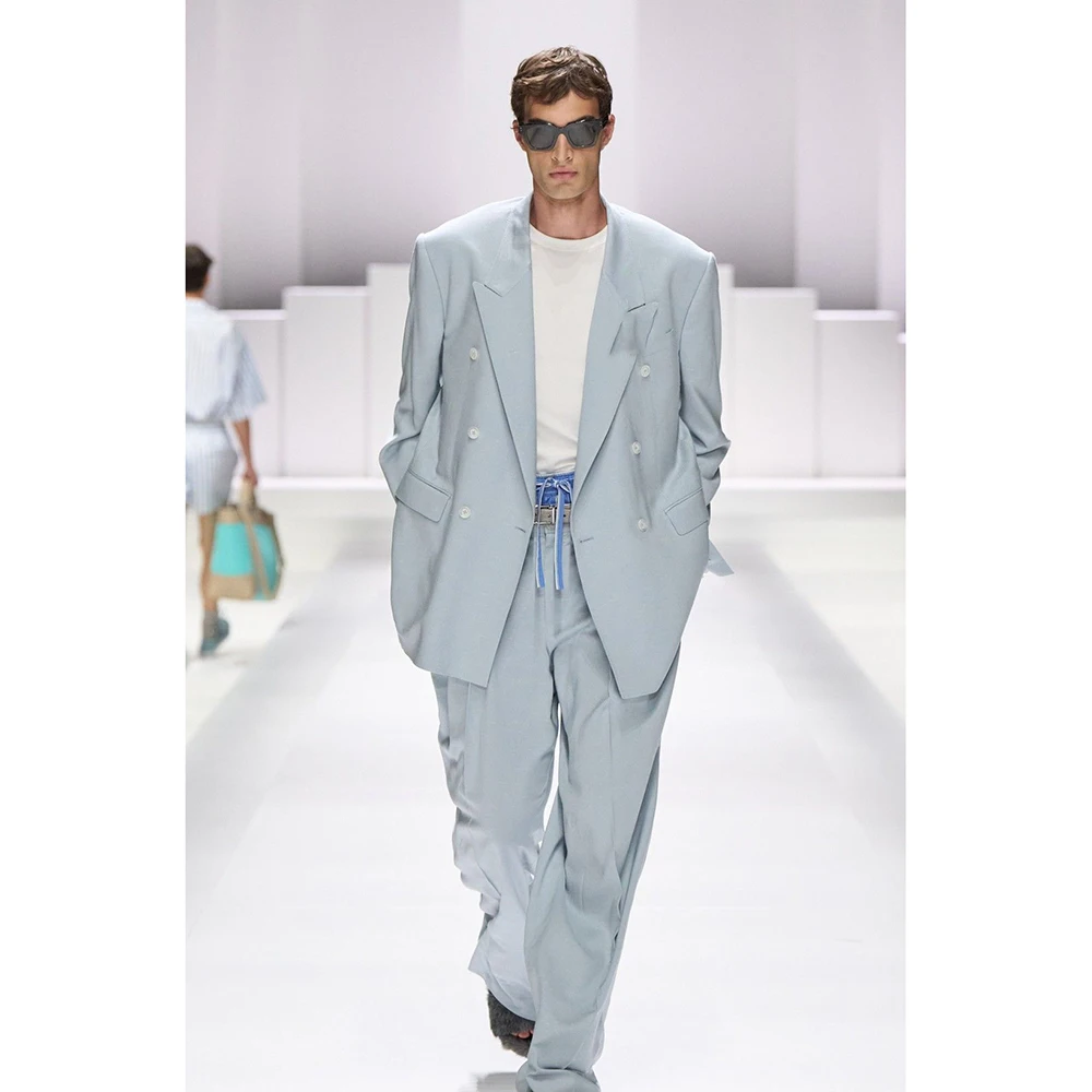 

Light Fog Blue Modern Minimalist Men's Suit 2 Piece Jacket Pants Set Double-Breasted Peak Lapel Loose Office Casual Party Male