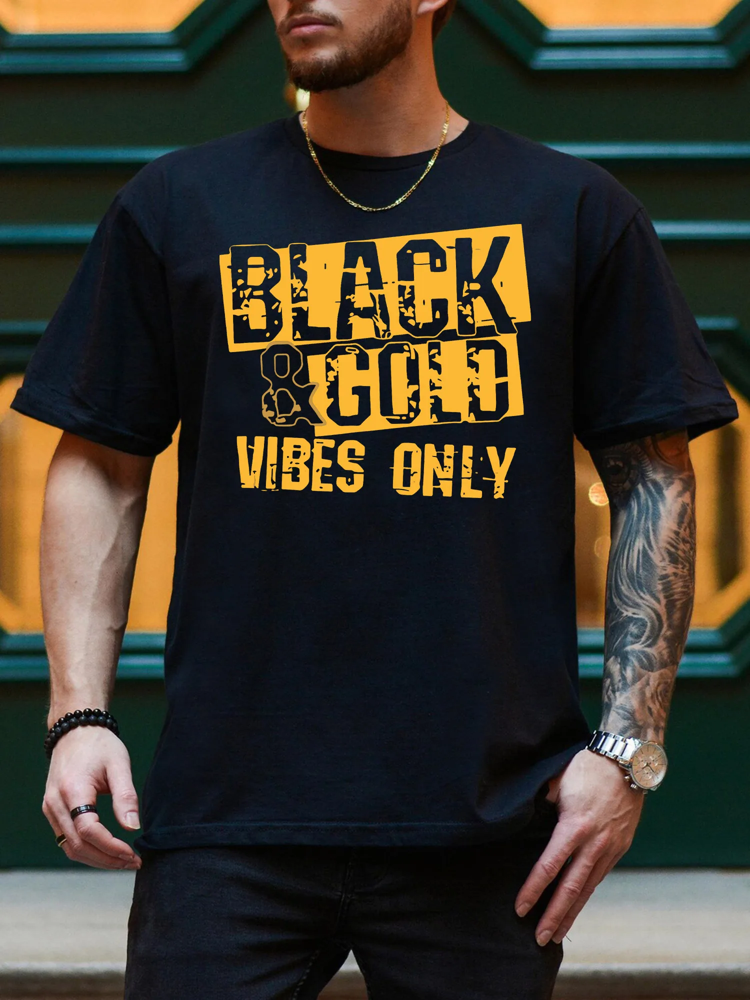 

Black And Gold Only Men's Graphic Tee, Pure Cotton Everyday Black T-Shirt, Lightweight Round Neck Tee
