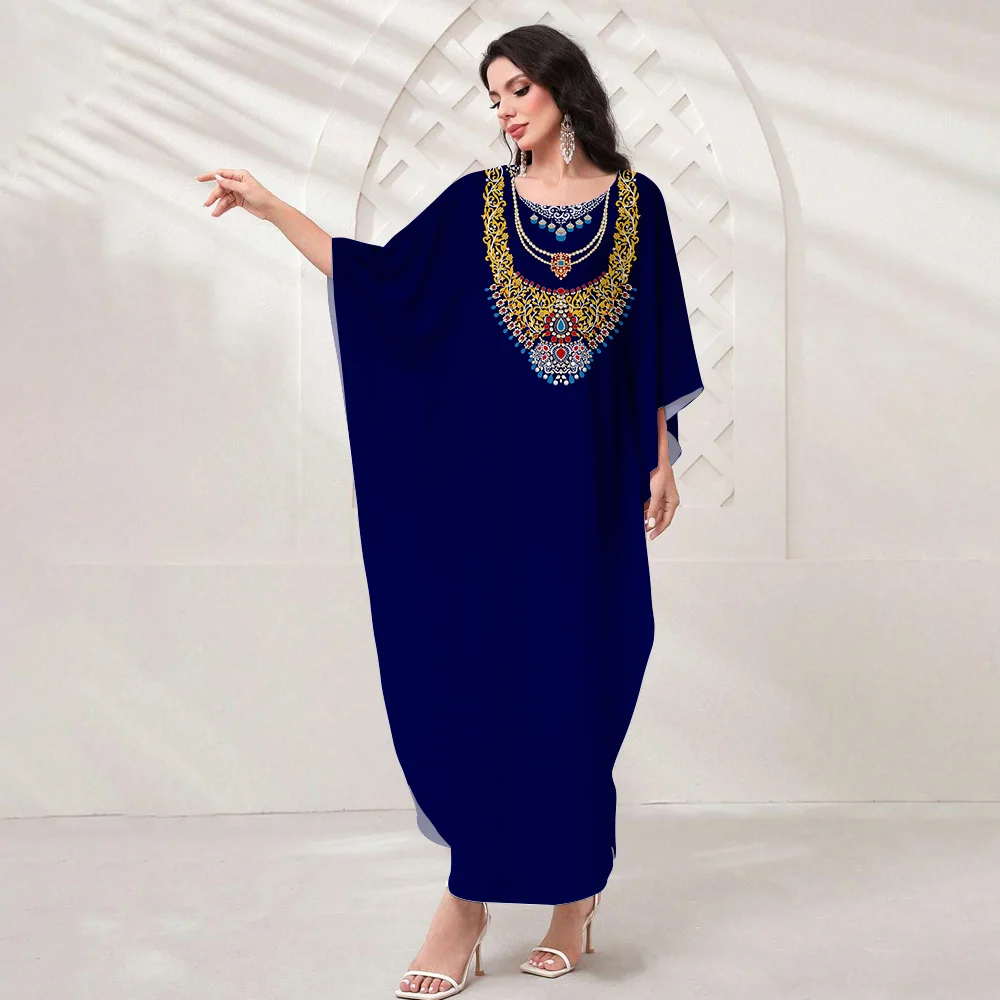 Lato Ramadan Eid Batwing Sleeve Abaya Dubai Women Islam Muslim Maxi Kaftan Sukienki Kebaya Caftan Marocain Robe Femme Musulmane