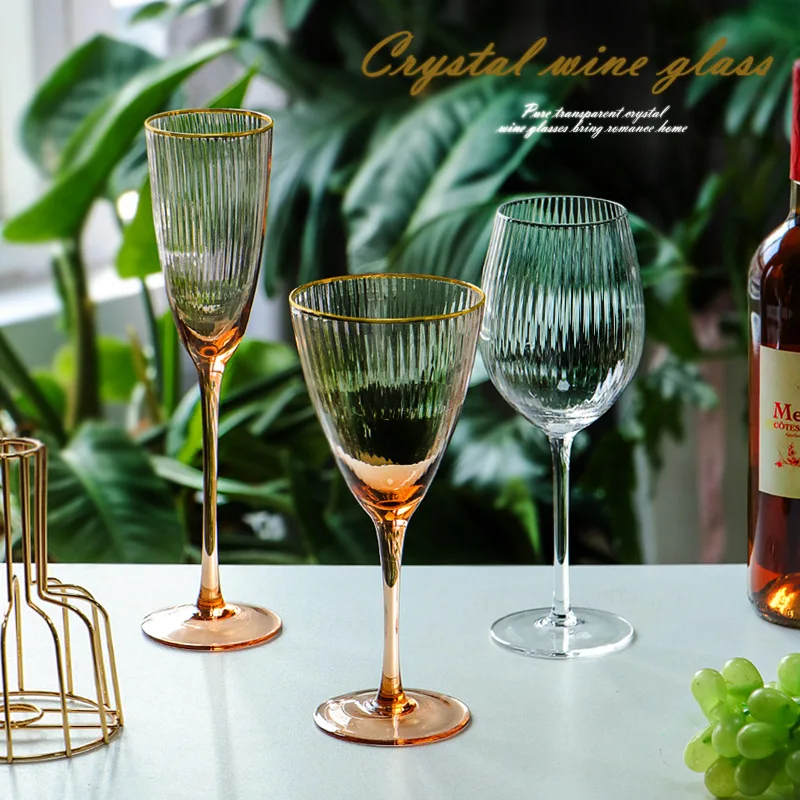 

Crystal European Golden Rim Vertical Pattern Wine Glass Goblet Light Luxury Champagne Glass Wine Glass Wedding Cup