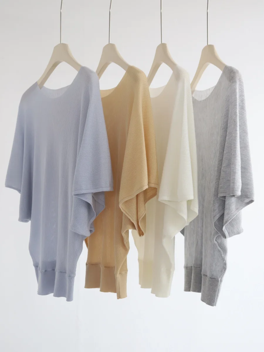 Dave&di Bat Sleeve Groove Strip Slimming And Waist Cinching Temperament Short Sleeved Knitted Shirt Summer New Loose Top