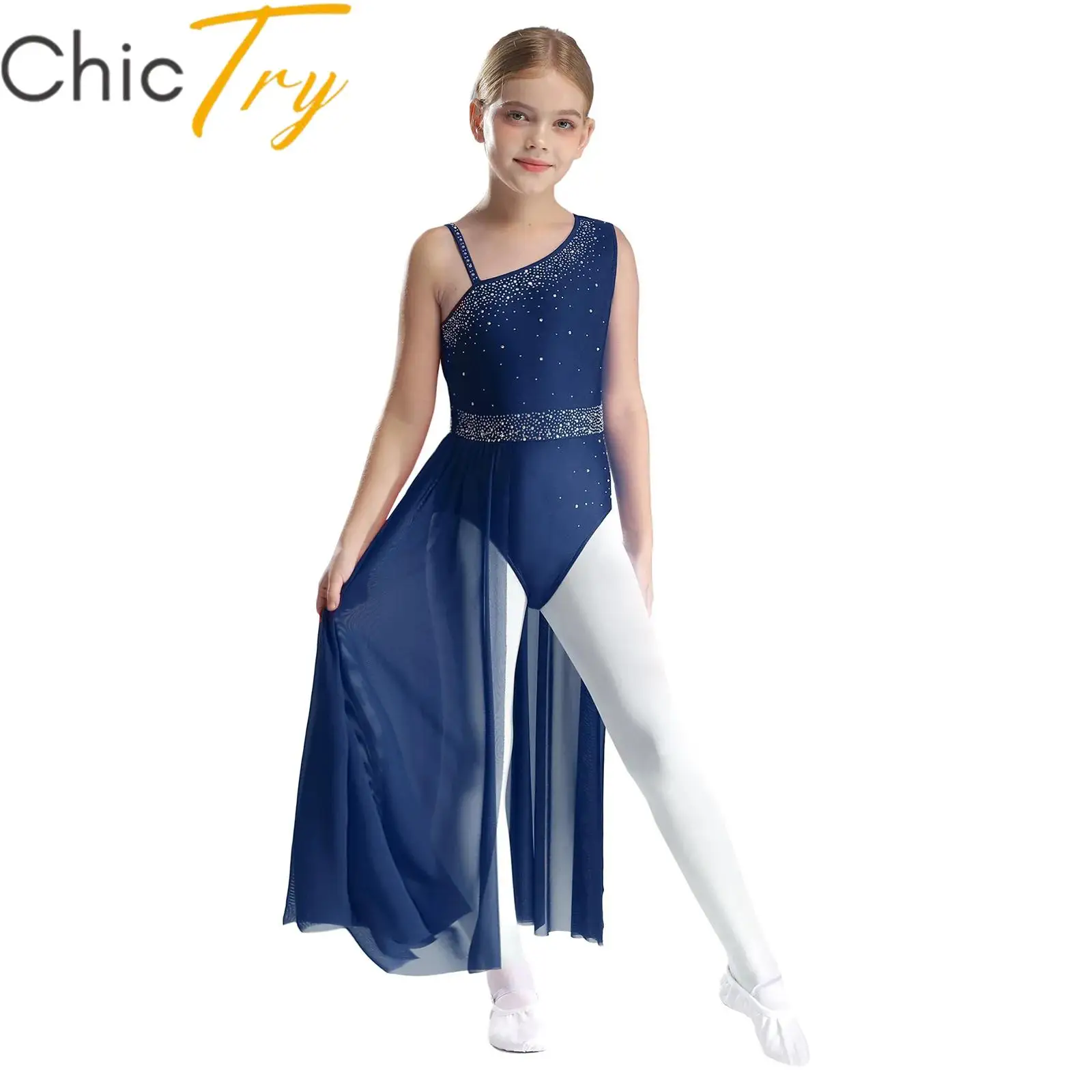 

Kids Girls Lyrical Dance Dress Sleeveless Rhinestones Mesh Skirted Leotard Dancewear Modern Contemporary Skating Dance Dress