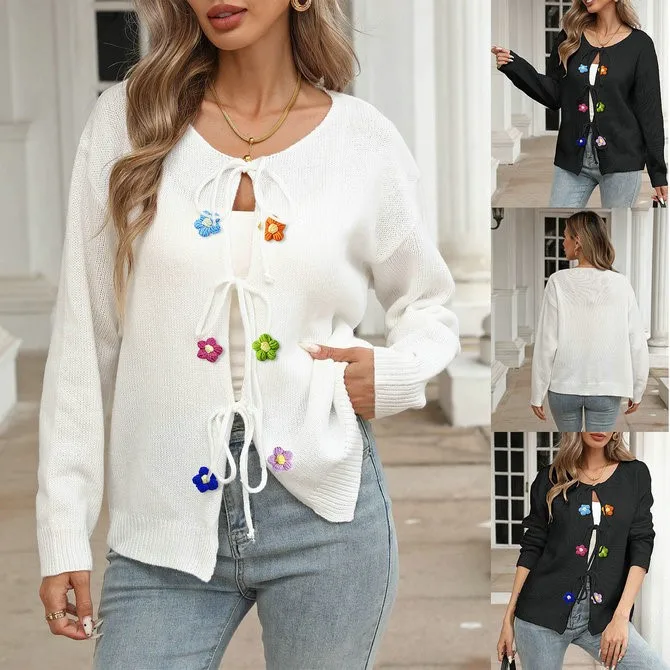 

Ladies Knitted Outerwear Cross-Border Autumn Winter New Sle Belt Knot Hand Hook Flower Splicing Sweater Cardigan